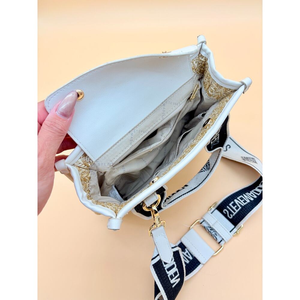 Steve Madden Crossbody Bag BWEBBER Straw White Logo Strap Woven Satchel Purse - Picture 4 of 4